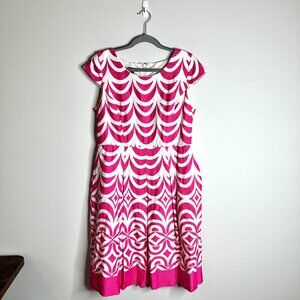 Talbots Geometric Scallop Print Cap Sleeve Fit + Flare Preppy Girly Pink Sz 10